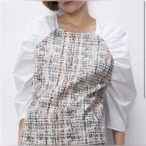 Zara White Puff Sleeve Striped Check Print Top Size Medium